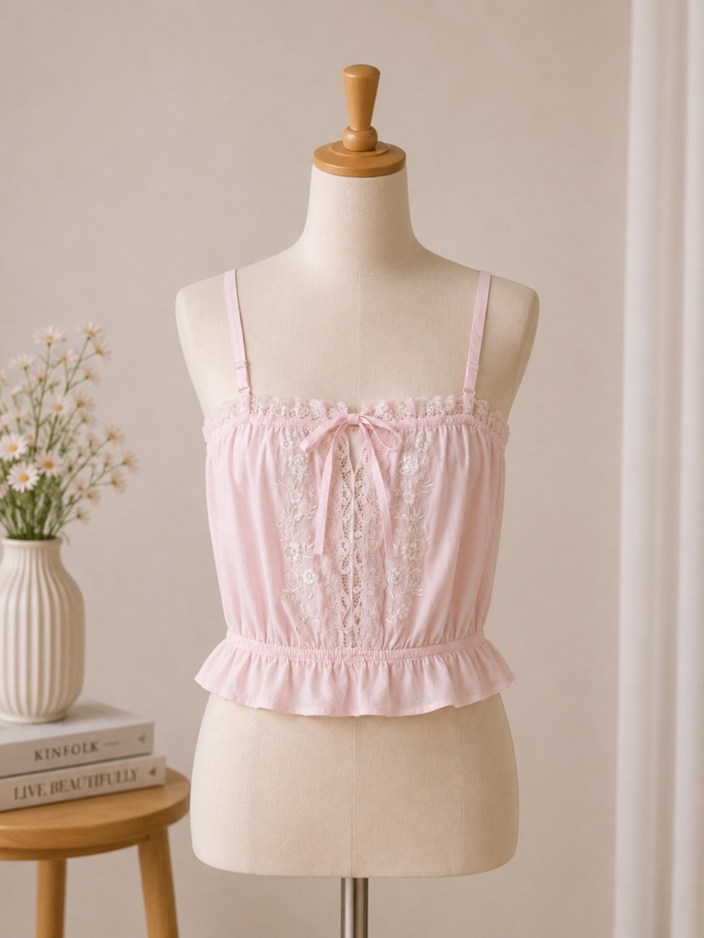Soft Pink‎ Lace-Front Embroidered Tank Size L